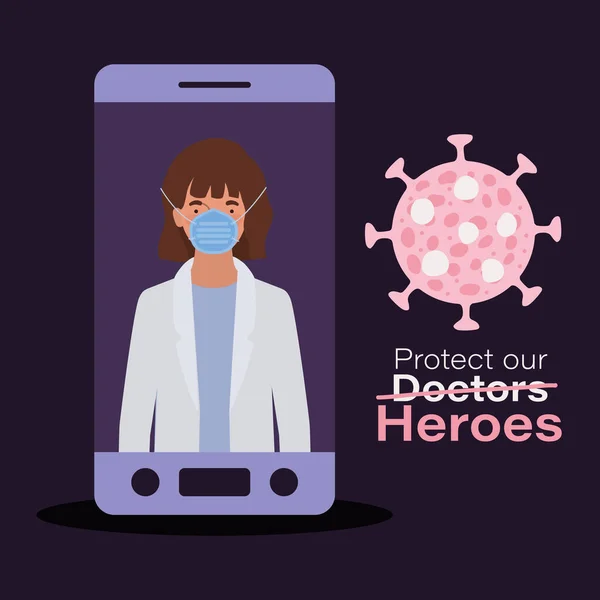 Žena lékař hrdina s uniformou a maskou uvnitř smartphone proti 2019 ncov virus vektor design — Stockový vektor