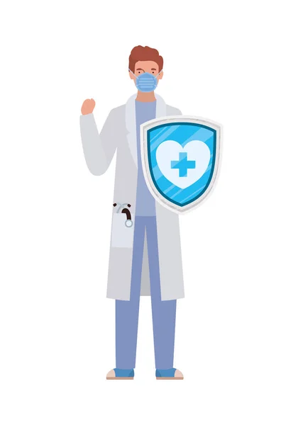 2019年のConvウイルスベクターデザインに対する盾を持つ男医師の英雄 — ストックベクタ