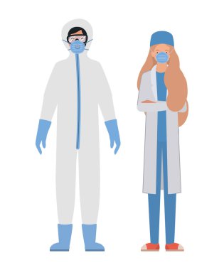 Koruyucu elbiseli doktorlar Covid 19 vektör tasarımına karşı gözlük ve maske takıyor.