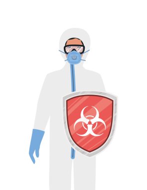 2019 ncov virüs vektör tasarımına karşı koruyucu giysisi ve kalkanı olan doktor.