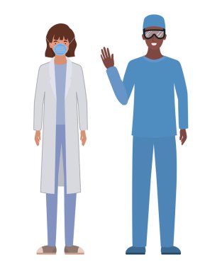 Üniforma maskesi ve gözlük tasarımı olan kadın ve erkek doktor.