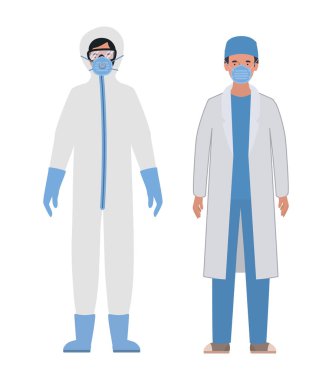 Koruyucu elbiseli doktorlar Covid 19 vektör tasarımına karşı gözlük ve maske takıyor.