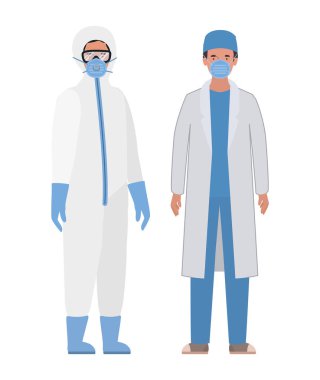 Koruyucu elbiseli doktorlar Covid 19 vektör tasarımına karşı gözlük ve maske takıyor.