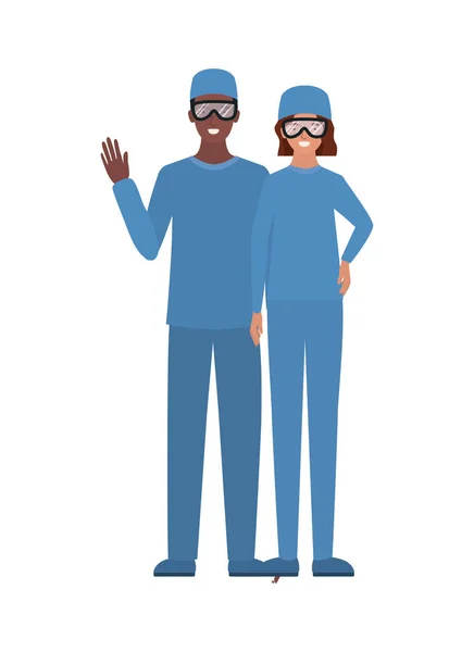 Homem e mulher médico com uniformes e óculos design vetorial — Vetor de Stock