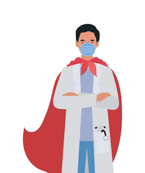 Man doctor hero with cape against 2019 ncov virus vector design — Stock Vector