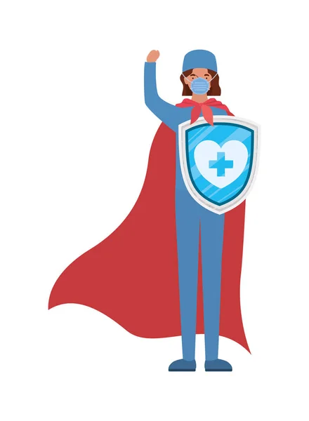 Woman doctor hero with cape and shield against 2019 ncov virus vector design — Stock Vector