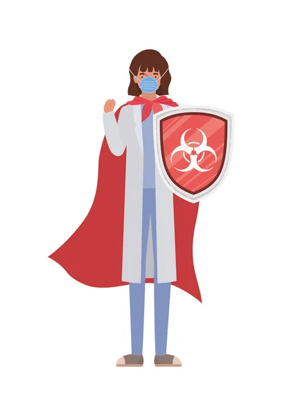 Kvinna läkare hjälte med cape och sköld mot 2019 ncov virus vektor design — Stock vektor