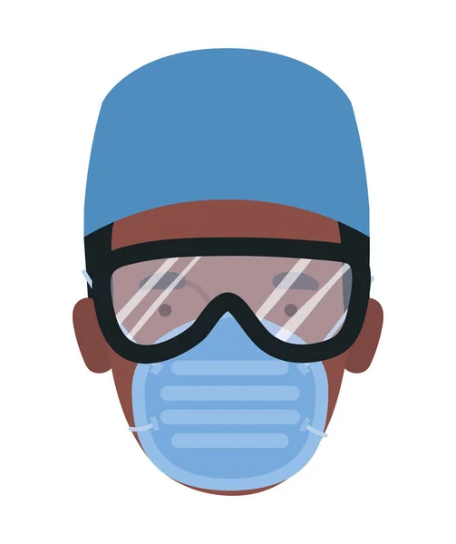 Hombre médico con máscara uniforme y gafas de diseño vectorial — Vector de stock