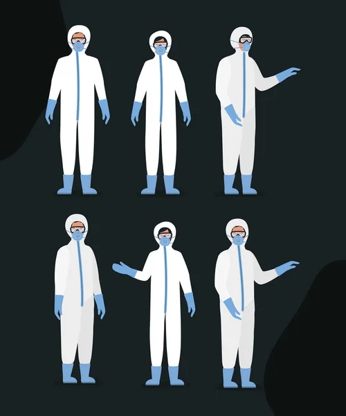Médicos con trajes protectores se glasean y máscaras contra el diseño vectorial Covid 19 — Archivo Imágenes Vectoriales