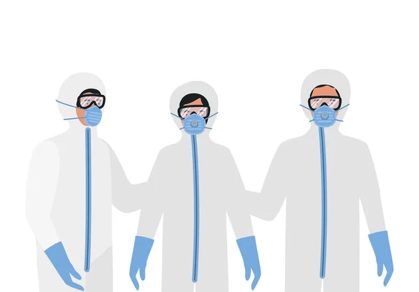 Médicos con trajes protectores gafas y máscaras contra el diseño vectorial Covid 19 — Vector de stock