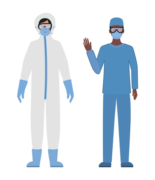 Médicos con trajes protectores gafas y máscaras contra el diseño vectorial Covid 19 — Vector de stock