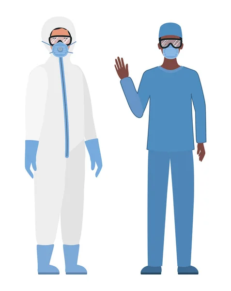 Läkare med skyddsdräkter glasögon och masker mot Covid 19 vektor design — Stock vektor