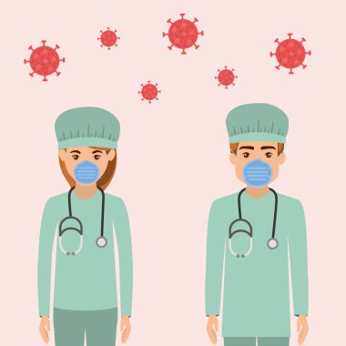 2019 Ncov virüs tasarımı için maskeli kadın ve erkek doktorlar