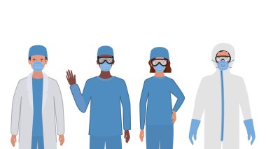 Koruyucu elbiseli doktorlar Covid 19 vektör tasarımına karşı gözlük ve maske takıyor.
