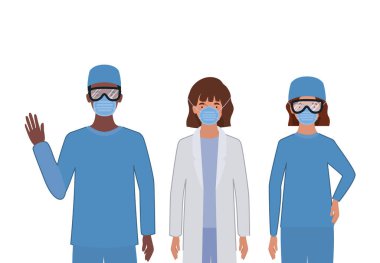 Üniformalı ve maskeli kadın ve erkek doktorlar vektör tasarımı