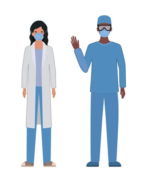 Man och kvinna läkare med uniformer och masker vektor design — Stock vektor