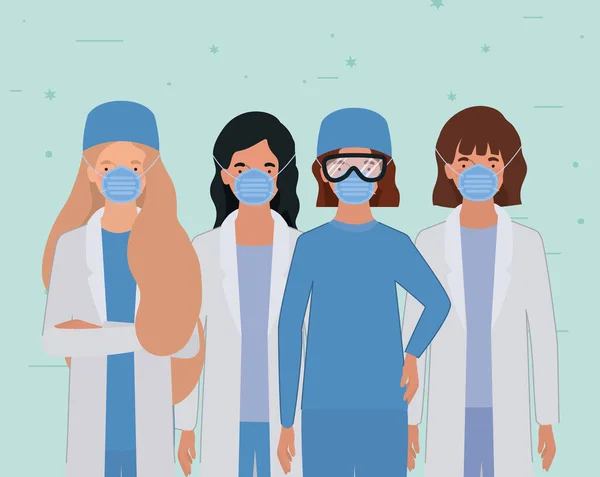Mulheres médicas com uniformes máscaras e óculos design vetorial — Vetor de Stock