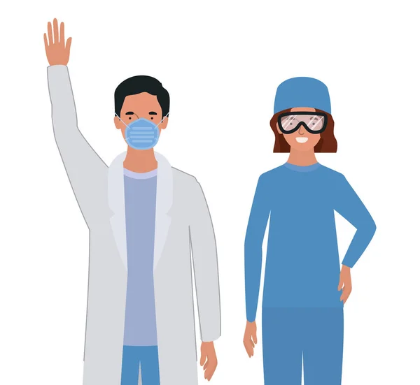 Homem e mulher médico com uniformes máscara e óculos design vetorial — Vetor de Stock