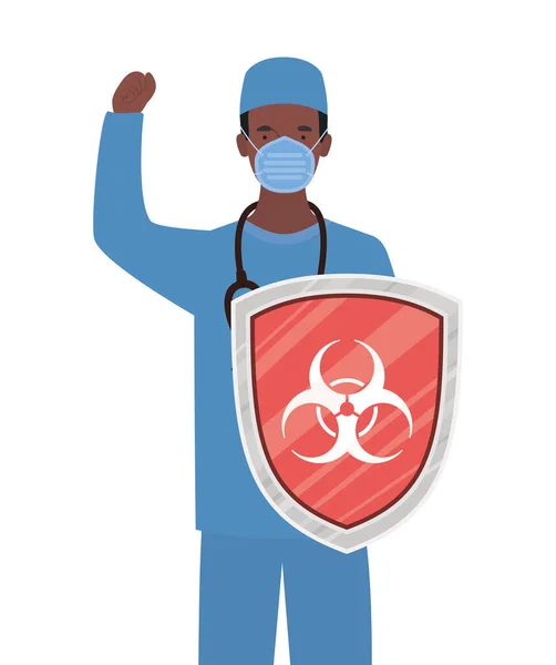 Hombre médico héroe con escudo contra 2019 ncov virus vector de diseño — Archivo Imágenes Vectoriales