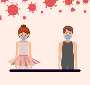 2019 ncov virüs tasarımı karşısında maskeli kadın ve erkek dansçılar