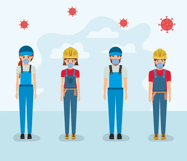 Women and men builders with masks and helmets against 2019 ncov virus vector design — Stock Vector