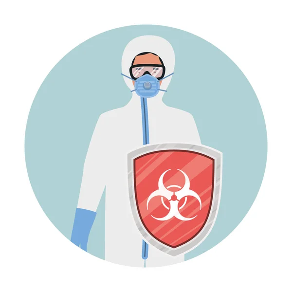 Врач с защитным костюмом и щитом против вируса 2019 года — стоковый вектор