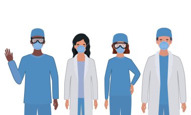 Üniformalı ve maskeli kadın ve erkek doktorlar vektör tasarımı