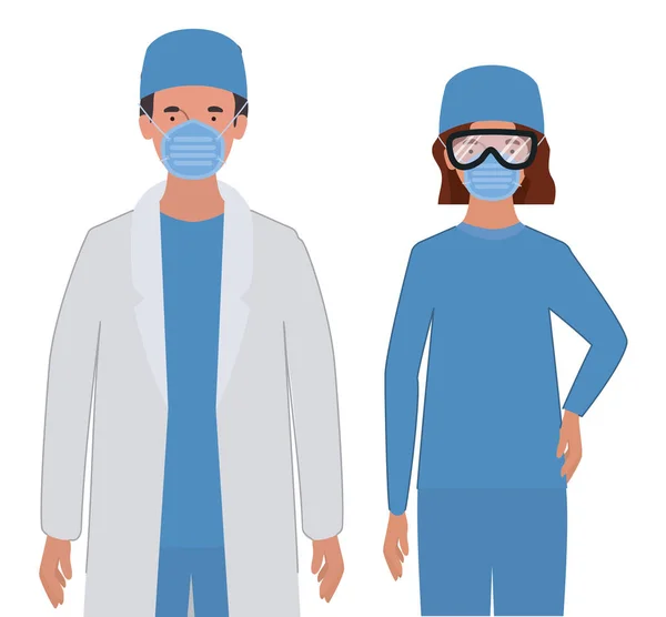 Мужчина и женщина врач в форме маски и очки векторный дизайн — стоковый вектор