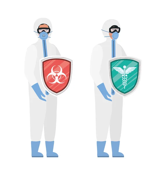 Lékaři s ochrannými obleky a štíty proti vektoru 2019 ncov — Stockový vektor