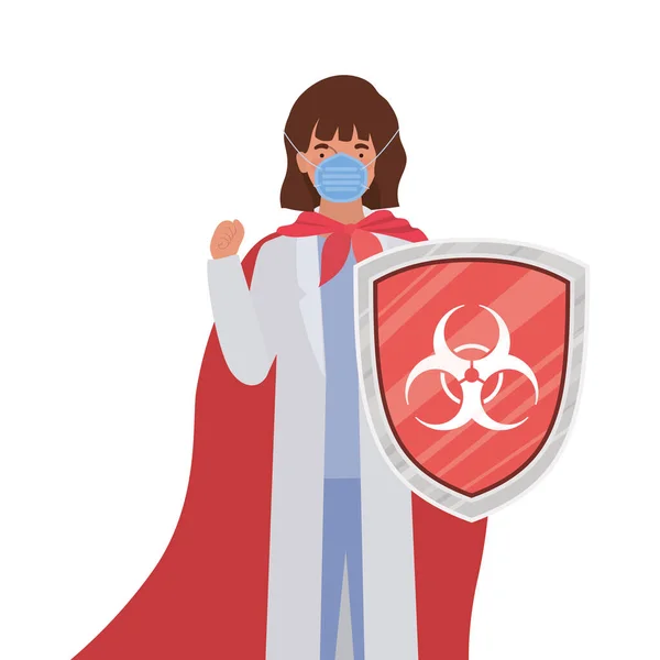 Žena lékař hrdina s pláštěm a štít proti 2019 ncov virus vektor design — Stockový vektor
