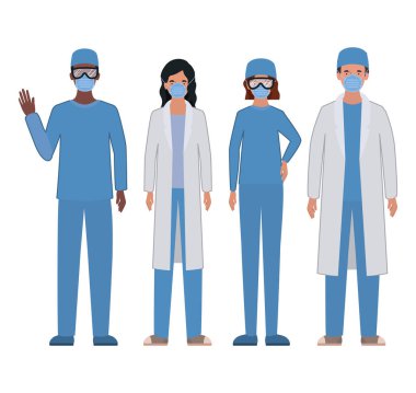 Üniformalı ve maskeli kadın ve erkek doktorlar vektör tasarımı