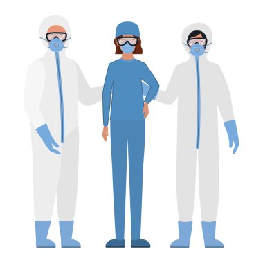Koruyucu elbiseli doktorlar Covid 19 vektör tasarımına karşı gözlük ve maske takıyor.