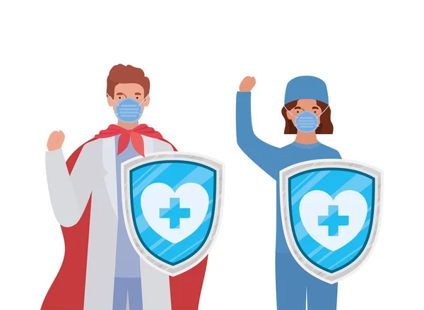 Женщины и мужчины врачи герои с плащом и щитами против вируса 2019 года — стоковый вектор