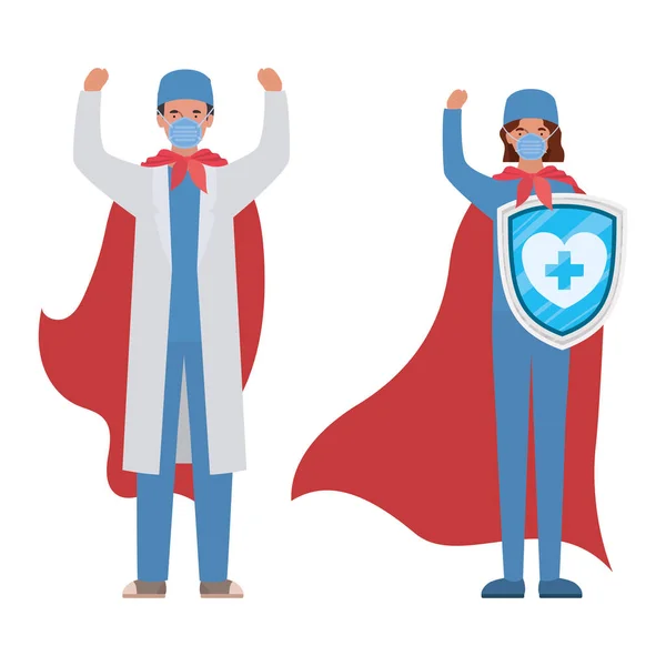 Mujer y el hombre médicos héroes con capas y escudo contra 2019 ncov virus vector de diseño — Vector de stock