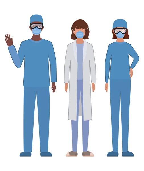 Homem e mulheres médicos com uniformes e máscaras design vetorial — Vetor de Stock