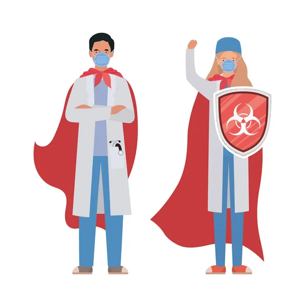 女性と男性医師ヒーローのケープとシールド2019年のConvウイルスベクターデザインに対して — ストックベクタ