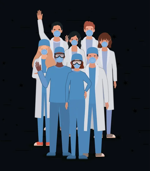 Hombres y mujeres médicos con uniformes máscaras y gafas de diseño vectorial — Archivo Imágenes Vectoriales