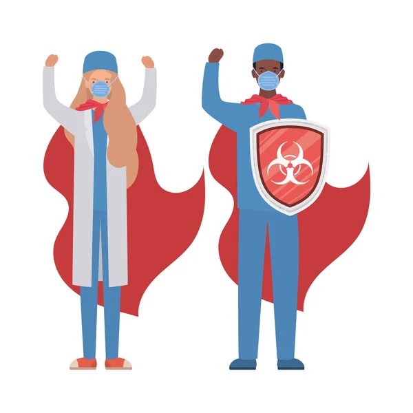 Žena a muž lékaři hrdinové s pláštěmi a štít proti 2019 ncov virus vektor design — Stockový vektor