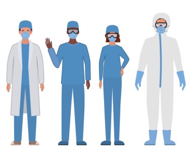 Koruyucu elbiseli doktorlar Covid 19 vektör tasarımına karşı gözlük ve maske takıyor.