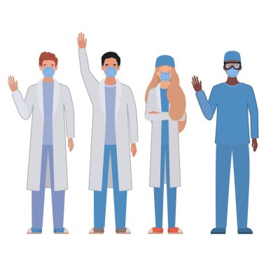 Üniformalı ve maskeli kadın ve erkek doktor vektör tasarımlı.
