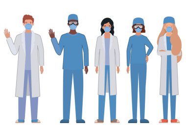 Üniformalı ve maskeli kadın ve erkek doktorlar vektör tasarımı