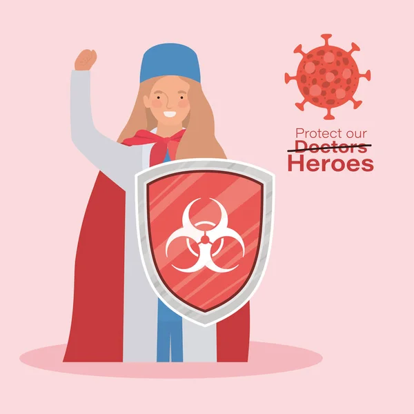 Mulher médico herói com capa e escudo contra 2019 projeto vetorial — Vetor de Stock
