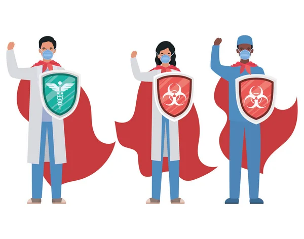 Мужчины и женщины врачи герои с плащами и щитами против вируса 2019 года — стоковый вектор