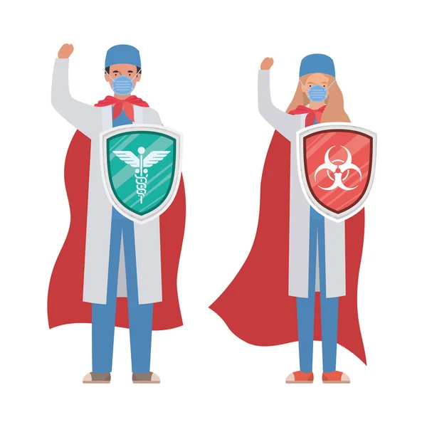 Женщины и мужчины врачи герои с плащами и щитами против вируса 2019 года — стоковый вектор