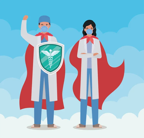 Man och kvinna läkare hjältar med capes och sköld mot 2019 ncov virus vektor design — Stock vektor