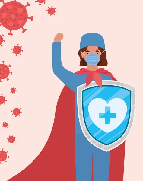 Mujer médico héroe con capa y escudo contra 2019 vector de diseño — Archivo Imágenes Vectoriales