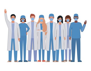 Üniformalı ve maskeli kadın ve erkek doktorlar vektör tasarımı