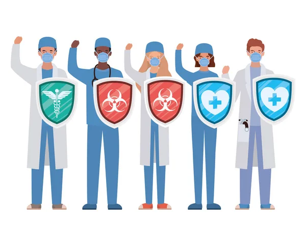 Врачи-женщины и мужчины герои со щитами против вирусовекторного дизайна 2019 года — стоковый вектор