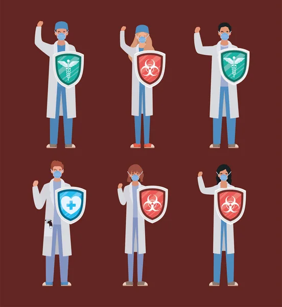 2019年のConvウイルスベクターデザインに対する盾を持つ男性と女性の医師の英雄 — ストックベクタ