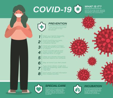 Covid 19 virüs önleme ipuçları ve kız avatar vektör tasarımı